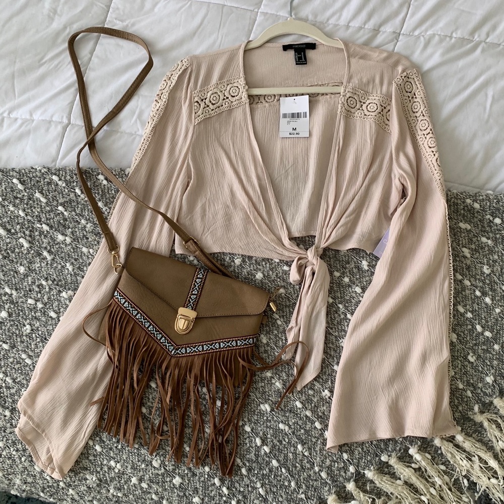 Tan woven top with tie